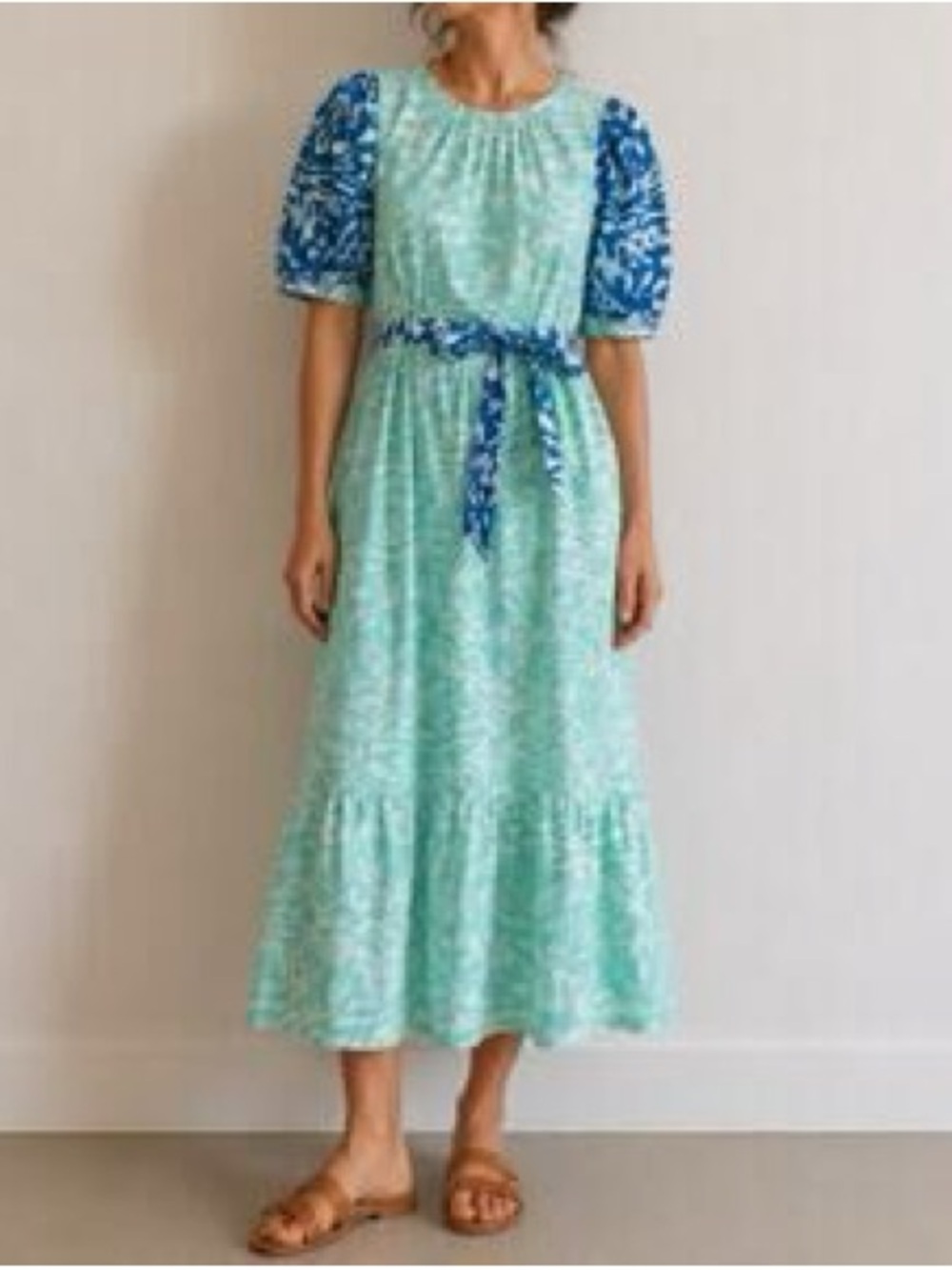 Women'se Olivia James Mint Green Maxi Dress with Blue Floral Sleeves and Tie